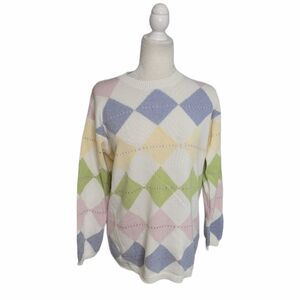 VINTAGE 90s sweater‎ oversized argyle metallic academia S